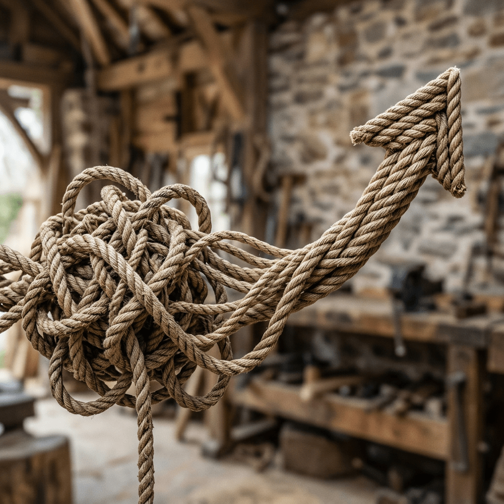 A brown rope tangled into a knot that transitions into an arrow pointing upward