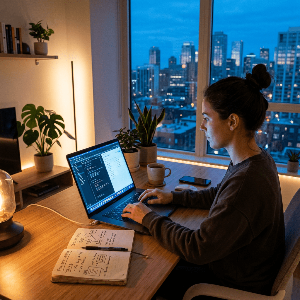 Woman coding on laptop at desk with notebook, plants, and cityscape at dusk