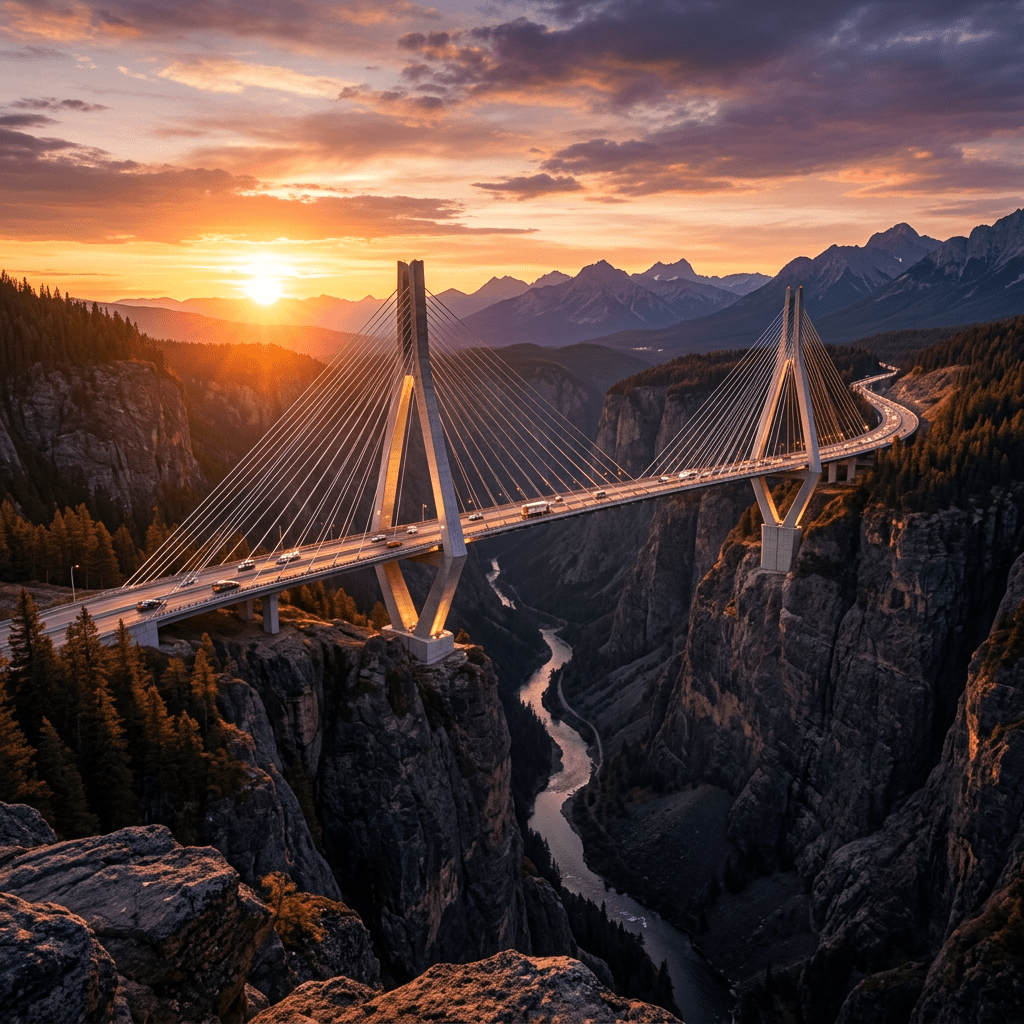 Cable-stayed bridge over canyon at sunset with river below and mountains in distance