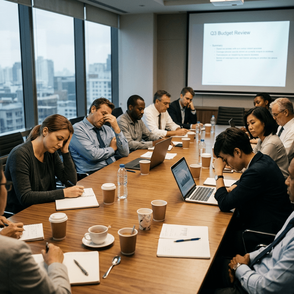 Business people sitting around a conference table with laptops and notebooks, looking stressed during a budget review meeting